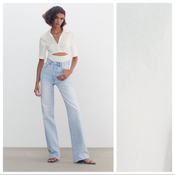 NWT. Zara Off White Stretch Linen Blend Cut-Out Bodysuit. Size S. - Picture 1 of 10